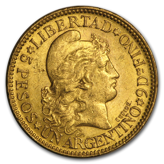 Argentina Gold 5 Pesos Un Argentino (1881-1896) AU Argentina Gold 5 Pesos Un Argentino (1881-1896) AU
